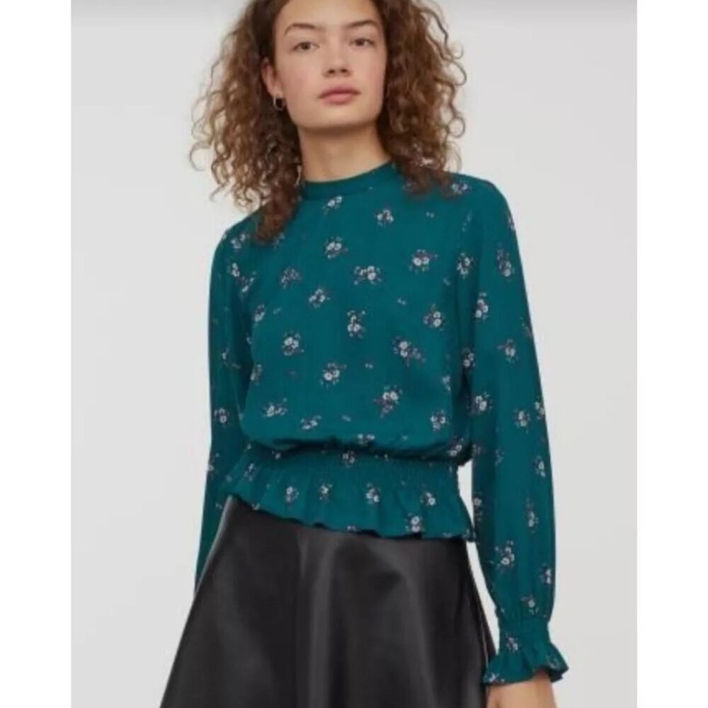 H&M Green Floral Blouse with Smocking